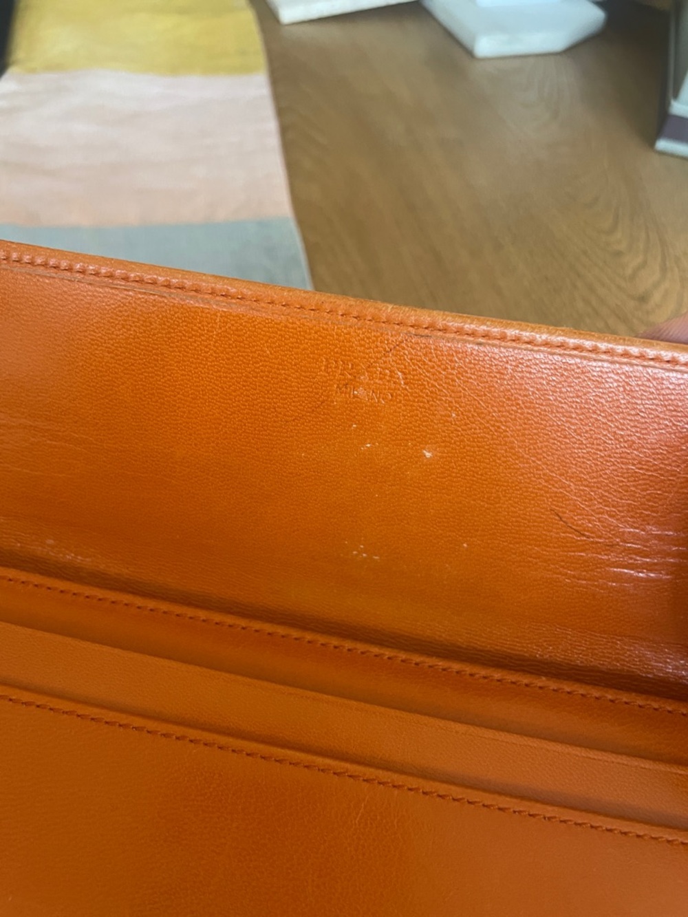 Prada Orange Leather Continental Wallet Gold Logo Zip Clutch - Picture 13 of 14